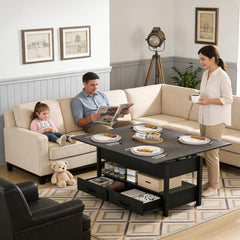 42'' Lift Top Coffee Table, 4-in-1 Multifunctional Lift Coffee Table with Storage & Hidden Compartments, Farmhouse Coffe Table with Lifting top for Living Room, Dining Reception Room, White