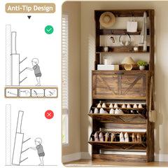EOYUTLLY Shoe Cabinet Storage for Entryway, Narrow Shoe Rack Cabinet with 3 Flip Drawers & Coat Rack, Hidden Shoe Storage Cabinet, 2-in-1 Hall Tree Slim Freestanding Shoe Rack Organizer, Rustic Brown