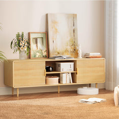 TV Stand for 65 Inch TV, Fluted TV Stand with Curved Profile Design, Wood Entertainment Center TV Console Table with Sliding Doors & Adjustable Shelves, TV Stand for Living Room Bedroom, Natural