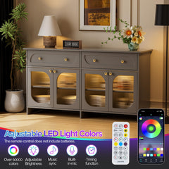 Buffet Cabinet with Storage and LED Light, 55” Sideboard Buffet Cabinet with 4 Glass Doors & 2 Drawers & Adjustable, Modern Credenza Coffee Bar Cabinets Buffets Table for Kitchen, Dining Room, Grey