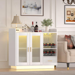 Wine Bar Cabinet with LED Lights, Floating Coffee Bar Cabinet with Wine and Glass Rack, Modern Liquor Cabinet with Glass Doors and Drawers for Living Room, Black