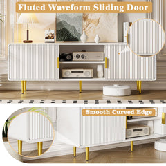 TV Stand for 65 Inch TV, Fluted TV Stand with Curved Profile Design, Wood Entertainment Center TV Console Table with Sliding Doors & Adjustable Shelves, TV Stand for Living Room Bedroom, Natural