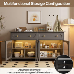 Buffet Cabinet with Storage and LED Light, 55” Sideboard Buffet Cabinet with 4 Glass Doors & 2 Drawers & Adjustable, Modern Credenza Coffee Bar Cabinets Buffets Table for Kitchen, Dining Room, Grey