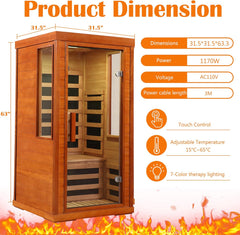 Far Infrared Sauna for Home One Person, 1170W Fast Heating Solid Wood Indoor Dry Sauna Room with LCD Display, Tempered Glass Door/Bluetooth Speakers/Vent and LED Lighting, Easy Assembly
