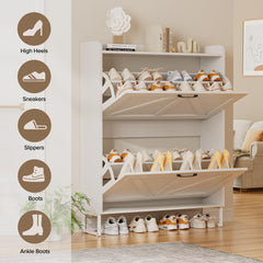 EOYUTLLY Shoe Cabinet for Entryway with 2 Flip Drawers,Narrow Wooden Shoe Storage Cabinet with Metal Legs,Hold 24 Pairs, 4-Tier Adjustable Shelves–Freestanding Hidden Shoe Organizer for Hallway, Foyer