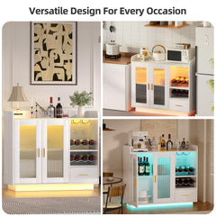 Wine Bar Cabinet with LED Lights, Floating Coffee Bar Cabinet with Wine and Glass Rack, Modern Liquor Cabinet with Glass Doors and Drawers for Living Room, Black