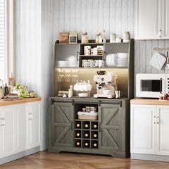 Coffee Bar Cabinet, 47" Farmhouse Sideboard Buffet Cabinet with Sliding Barn Door, Wine Rack & 6 Hooks, Wine Bar Cabinet for Home Dining Living Room, Dark Rustic Oak