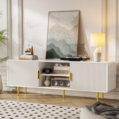 TV Stand for 65 Inch TV, Fluted TV Stand with Curved Profile Design, Wood Entertainment Center TV Console Table with Sliding Doors & Adjustable Shelves, TV Stand for Living Room Bedroom, Natural