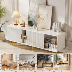 TV Stand for 65 Inch TV, Fluted TV Stand with Curved Profile Design, Wood Entertainment Center TV Console Table with Sliding Doors & Adjustable Shelves, TV Stand for Living Room Bedroom, Natural