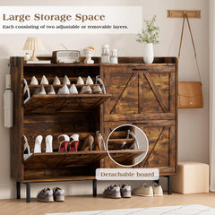 EOYUTLLY Shoe Cabinet Storage for Entryway, Narrow Shoe Rack Cabinet with 3 Flip Drawers & Coat Rack, Hidden Shoe Storage Cabinet, 2-in-1 Hall Tree Slim Freestanding Shoe Rack Organizer, Rustic Brown