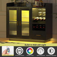 Wine Bar Cabinet with LED Lights, Floating Coffee Bar Cabinet with Wine and Glass Rack, Modern Liquor Cabinet with Glass Doors and Drawers for Living Room, Black