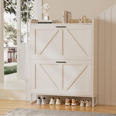 EOYUTLLY Shoe Cabinet for Entryway with 2 Flip Drawers,Narrow Wooden Shoe Storage Cabinet with Metal Legs,Hold 24 Pairs, 4-Tier Adjustable Shelves–Freestanding Hidden Shoe Organizer for Hallway, Foyer