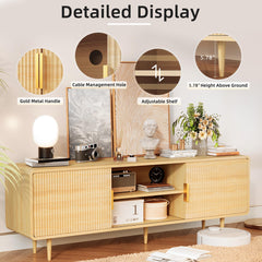 TV Stand for 65 Inch TV, Fluted TV Stand with Curved Profile Design, Wood Entertainment Center TV Console Table with Sliding Doors & Adjustable Shelves, TV Stand for Living Room Bedroom, Natural