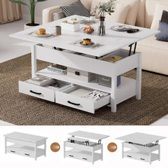 42'' Lift Top Coffee Table, 4-in-1 Multifunctional Lift Coffee Table with Storage & Hidden Compartments, Farmhouse Coffe Table with Lifting top for Living Room, Dining Reception Room, White
