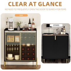 Coffee Bar Cabinet with Aluminum Frame Glass Door, Black Wine Bar & Liquor Cabinet, Modern Black Sideboard Buffet Cabinet with Storage for Kitchen, Dining Room & Living Room
