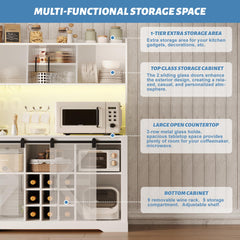 Coffee Bar Cabinet, 47" Farmhouse Sideboard Buffet Cabinet with Sliding Barn Door, Wine Rack & 6 Hooks, Wine Bar Cabinet for Home Dining Living Room, Dark Rustic Oak