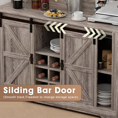 Coffee Bar Cabinet, 47" Farmhouse Sideboard Buffet Cabinet with Sliding Barn Door, Wine Rack & 6 Hooks, Wine Bar Cabinet for Home Dining Living Room, Dark Rustic Oak
