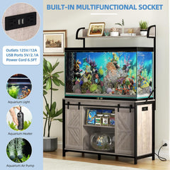 55-75 Gallon Fish Tank Stand with Power Outlets, Heavy Duty Metal Frame Aquarium Stand with Barn Door, Turtle Reptile Terrariums Stand, 1000LBS Capacity, Grey