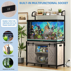 55-75 Gallon Fish Tank Stand with Power Outlets, Heavy Duty Metal Frame Aquarium Stand with Barn Door, Turtle Reptile Terrariums Stand, 1000LBS Capacity, Brown