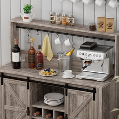 Coffee Bar Cabinet, 47" Farmhouse Sideboard Buffet Cabinet with Sliding Barn Door, Wine Rack & 6 Hooks, Wine Bar Cabinet for Home Dining Living Room, Dark Rustic Oak
