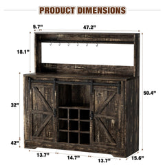 Coffee Bar Cabinet, 47" Farmhouse Sideboard Buffet Cabinet with Sliding Barn Door, Wine Rack & 6 Hooks, Wine Bar Cabinet for Home Dining Living Room, Dark Rustic Oak