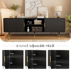 TV Stand for 65 Inch TV, Fluted TV Stand with Curved Profile, Modern Entertainment Center TV Console Table with Sliding Doors & Adjustable Shelves, TV Stands for Living Room Bedroom, Black