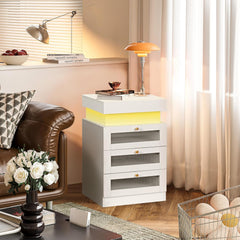 Urban Deco Nightstand with LED Light and Charging Station, Night Stand with Drawers Bedside Table with Sliding Top for Bedroom, White
