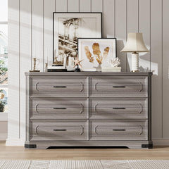 6 Drawer Dresser, 52" Wide Modern Chest of Drawers with Embossed Textures & Beveled Edges, Wood Double Dresser Farmhouse Storage Dressers Drawer Organizers for Bedroom, Living Room, Grey