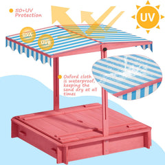 Sandbox with Lid & Cover, Wooden Kids Outdoor Sand Box with Height-Adjustable UV-Resistant Canopy, 2 Foldable Bench Seats & Bottom Liner, 43x43 Inch, Perfect for Backyard, Beach, Garden Play
