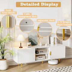 TV Stand for 65 Inch TV, Fluted TV Stand with Curved Profile Design, Wood Entertainment Center TV Console Table with Sliding Doors & Adjustable Shelves, TV Stand for Living Room Bedroom, Natural