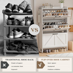 EOYUTLLY Shoe Cabinet Storage for Entryway, Narrow Shoe Rack Cabinet with 3 Flip Drawers & Coat Rack, Hidden Shoe Storage Cabinet, 2-in-1 Hall Tree Slim Freestanding Shoe Rack Organizer, Rustic Brown