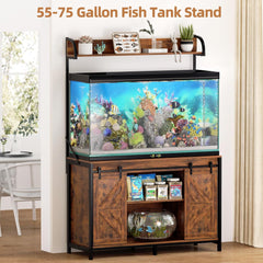55-75 Gallon Fish Tank Stand with Power Outlets, Heavy Duty Metal Frame Aquarium Stand with Barn Door, Turtle Reptile Terrariums Stand, 1000LBS Capacity, Brown
