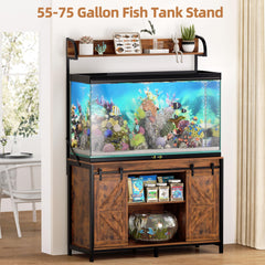 55-75 Gallon Fish Tank Stand with Power Outlets, Heavy Duty Metal Frame Aquarium Stand with Barn Door, Turtle Reptile Terrariums Stand, 1000LBS Capacity, Brown