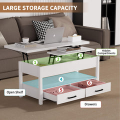 42'' Lift Top Coffee Table, 4-in-1 Multifunctional Lift Coffee Table with Storage & Hidden Compartments, Farmhouse Coffe Table with Lifting top for Living Room, Dining Reception Room, White