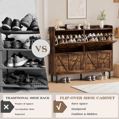 EOYUTLLY Shoe Cabinet Storage for Entryway, Narrow Shoe Rack Cabinet with 3 Flip Drawers & Coat Rack, Hidden Shoe Storage Cabinet, 2-in-1 Hall Tree Slim Freestanding Shoe Rack Organizer, Rustic Brown