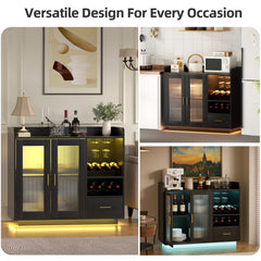 Wine Bar Cabinet with LED Lights, Floating Coffee Bar Cabinet with Wine and Glass Rack, Modern Liquor Cabinet with Glass Doors and Drawers for Living Room, Black