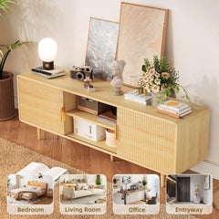 TV Stand for 65 Inch TV, Fluted TV Stand with Curved Profile Design, Wood Entertainment Center TV Console Table with Sliding Doors & Adjustable Shelves, TV Stand for Living Room Bedroom, Natural