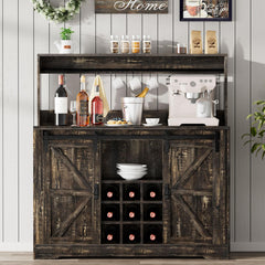 Coffee Bar Cabinet, 47" Farmhouse Sideboard Buffet Cabinet with Sliding Barn Door, Wine Rack & 6 Hooks, Wine Bar Cabinet for Home Dining Living Room, Dark Rustic Oak