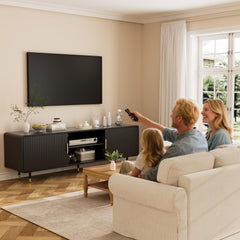 TV Stand for 65 Inch TV, Fluted TV Stand with Curved Profile, Modern Entertainment Center TV Console Table with Sliding Doors & Adjustable Shelves, TV Stands for Living Room Bedroom, Black