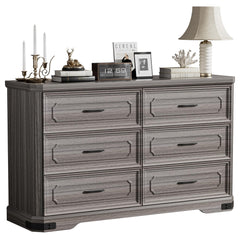 6 Drawer Dresser, 52" Wide Modern Chest of Drawers with Embossed Textures & Beveled Edges, Wood Double Dresser Farmhouse Storage Dressers Drawer Organizers for Bedroom, Living Room, Grey
