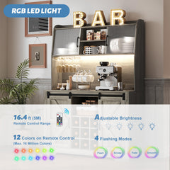 Coffee Bar Cabinet, 47" Farmhouse Sideboard Buffet Cabinet with Sliding Barn Door, Wine Rack & 6 Hooks, Wine Bar Cabinet for Home Dining Living Room, Dark Rustic Oak