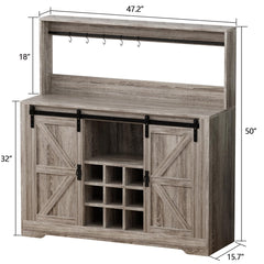 Coffee Bar Cabinet, 47" Farmhouse Sideboard Buffet Cabinet with Sliding Barn Door, Wine Rack & 6 Hooks, Wine Bar Cabinet for Home Dining Living Room, Dark Rustic Oak