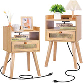 Urban Deco Nightstands Set of 2 with Charging Station Wooden Bedside Tables with Fabric Drawer,Modern End Table for Bedroom and Living Room 15.4 * 11.8 * 24.4 in