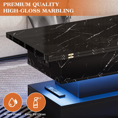 39.4" Lift Top Coffee Table with Charging Station, High-Glossy Marbling Print Center Table with Hidden Compartment Storage, LED Coffee Table for Living Room, White