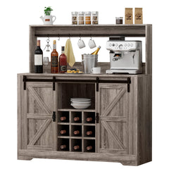 Coffee Bar Cabinet, 47" Farmhouse Sideboard Buffet Cabinet with Sliding Barn Door, Wine Rack & 6 Hooks, Wine Bar Cabinet for Home Dining Living Room, Dark Rustic Oak
