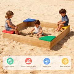 Kids Wooden Sandbox with Colorful Seats, Outdoor Sand Box for Backyard, Large Cedar Play Sandpit for Toddlers & Kids Ages 3-8