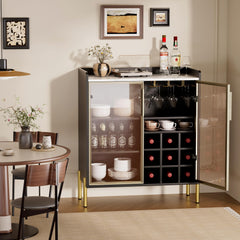 Coffee Bar Cabinet with Aluminum Frame Glass Door, Black Wine Bar & Liquor Cabinet, Modern Black Sideboard Buffet Cabinet with Storage for Kitchen, Dining Room & Living Room