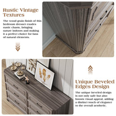 6 Drawer Dresser, 52" Wide Modern Chest of Drawers with Embossed Textures & Beveled Edges, Wood Double Dresser Farmhouse Storage Dressers Drawer Organizers for Bedroom, Living Room, Grey