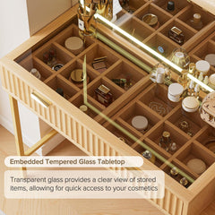 EOYUTLLY 48" Fluted Makeup Vanity Desk with 36" Mirror and Light,Modern Glass Top Vanity Table with Charging Station,5 Drawers, 3 Adjustable Shelves & 3 Color Lighting Mode, Bedroom Dressing Table,Oak