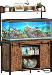 55-75 Gallon Fish Tank Stand with Power Outlets, Heavy Duty Metal Frame Aquarium Stand with Barn Door, Turtle Reptile Terrariums Stand, 1000LBS Capacity, Brown